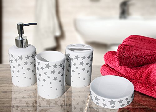 Badezimmer Set „Stars weiß“ 4tlg. Keramik Sterne weiss grau Seifenspender Seifenschale Zahnputzbecher Zahnbürstenhalter modern - 2
