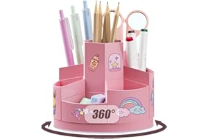通用 Kaizuca Obracany o 360° dziecięcy kreatywny uchwyt na długopisy, obrotowy organizer na biurko, z 2 naklejkami z kreskówek, z 7 przegródkami i matami antypoślizgowymi, do przechowywania w biurze
