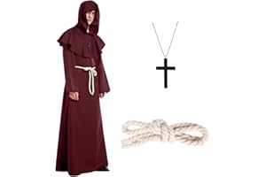 Formemory Priester Kostüm Herren Cosplay,Hooded Mönch Kostüm mit Ornament Taillenseil Halloween Cosplay