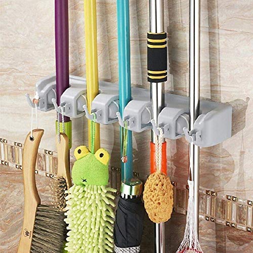 Gearmax® Fregona y Holder Broom / Titular Magia, 5 Posiciones con 6 Ganchos, Compacto y Limpio Diseño de Pared Organizador, Una Debe Tener para Cada Familia