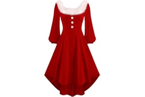 WVONIF Robe Noël Femme Grande Taille Nouveauté Col en V Duveteux Robe Noel Rouge Mignon Imprimé Rose Cocktail Soirée Rockabilly Décontractée au Genou Midi Robes Christmas Dress Déguisement Père Noël Costume