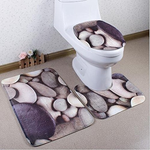 Somarke Rutschfestes Badematten-Set, 3-teilig mit Bad-Vorleger, Toiletten-Vorleger und Toilettendeckel-Bezug Cobblestone