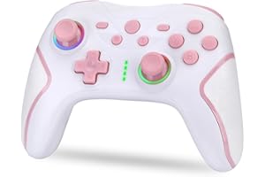 NK Mando Switch Inalámbrico - Switch/OLED/Lite/Pro con Función Wake, Ajustes Macro, Bluetooth, 6 ejes,Función Turbo, Dual Shock Doble Vibración, LED Indicadores - Color Blanco y Rosa