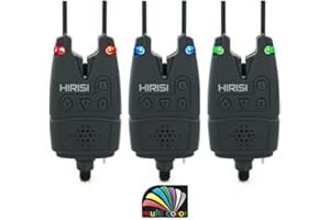 Hirisi Tackle Alarme de touche pour pêche à la carpe, 6 couleurs LED, volume réglable, et barre d'oreille amovible accessoires de pêche