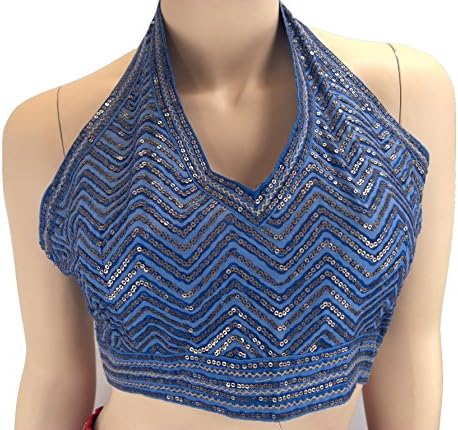 Goethnic Handmade Bandhej Bandhini Halter Neck Top Blouse Choli With Dense Golden Sequin-Work And Thread-Work Blue