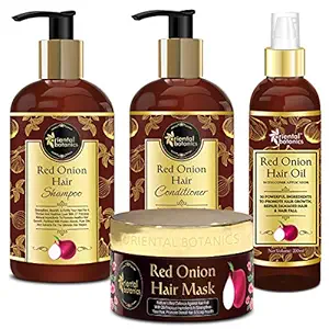 Oriental Botanics Red Onion Hair Shampoo 300ml + Conditioner 300ml + Hair Oil 200ml + Hair Mask 200ml (set of 4) with Red Onion Oil for Strong & Healthy Hair | Cruelty Free & Vegan | Paraben Free