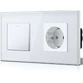 BSEED Crossover Switch 1 Gang 3 Way with Plug, Glass Frame, 10A Wall Switches with Phosphorescent Point, Horizontal or Vertic