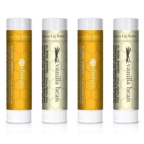 100% Natural Beeswax Lip Balm 4 Pack Vanilla Bean & Honey - For Chapped & Cracked Lips. Made in USA