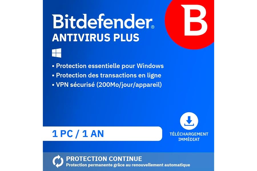 Bitdefender Antivirus Plus 2026| 1 Appareil | 1 An | PC | Code d’activation par email | Renouvellement Automatique