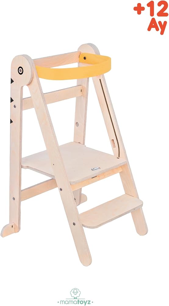 Mamatoyz Fold Katlanır Ahşap Öğrenme Kulesi Sarı Kuş, 3 ayarlanabilir yükseklik, doğal ahşap