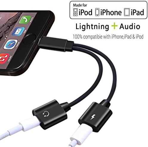 Headphone Adapter for iPhone 7/7 Plus/8/8 Plus/X/10, 2 in 1 Lightning to Aux Audio Charger Splitter,Support for Phone Call + Music Control + Charging + Audio, Dual Lightning Earphone Adaptor for iPhone 7,Support iOS 10.3/11 or Later (Black)