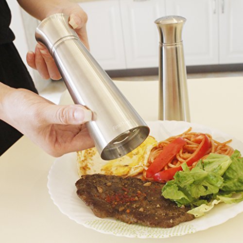 Finether Gewürzmühle und Gewürzstreuer 2 teiliges Set Salzstreuer/Pfefferstreuer Salzmühle/Pfeffermühle mit einstellbarem Keramikmahlwerk manuell aus Edelstahl leer FT-147 - 5