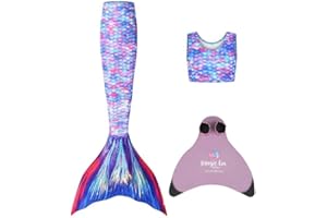 Planet Mermaid Girls Kids 3 Piece Vivid Colour Swimming Mermaid Tail, Crop Top & Wear-Resistant Magic Fin Monofin (Included)