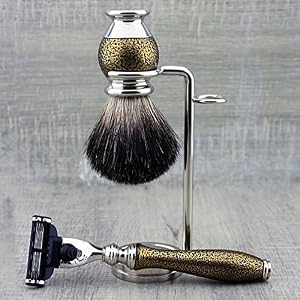 Haryali London 4Pc Mens Shaving Kit 3 Edge Razor, Black Badger Hair Brush, Stand and Alum - Image 2