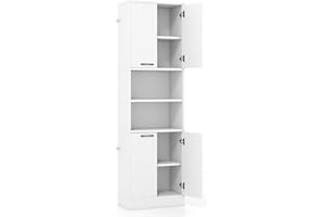 GiantexUK 4-Door Tall Kitchen Cupboard, 190CM Wooden Storage Cabinet with 2 Open Compartments & 2 Enclosed Cabinets, Freestanding Display Sideboard for Dining Living Room Pantry (White)