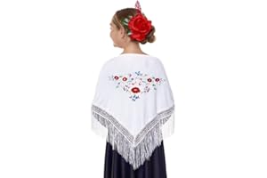 JORXG Mantón de Manila bordado de flor colores liso para mujer niña, Manton de Flamenco para el Vestido de Feria, Sevillana o Flamenca Color Negro Rojo Blanco Rosa Azul