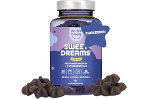 ‎BE SO HAPPY Melatonin Gummies 0,5mg für den Schlaf, 120 Tage. Extra Leckere mit Baldrian + Passionsblume + Kamille + Lavendel + Vitamin B6, Blaubeergeschmack, 60 leckere Gummibärchen, Vegan. BeSoHappy