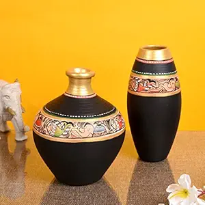 AAKRITI ART CREATIONS Earthenware Vase (Pot 1 - 6 x 5 inch, Pot 2 - 6 x 3 inch, Black)