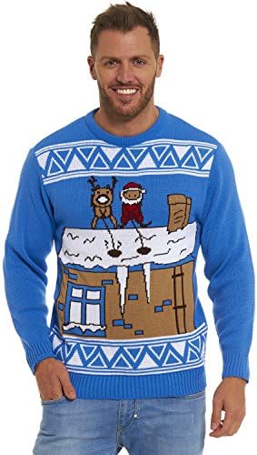 Catch 22 Christmas Xmas Jumper Sweater Mens Ladies Unisex Fairisle Reindeer Classic Retro Vintage Novelty (XL, NAUGHTY SANTA AND RUDOLPH BLUE)