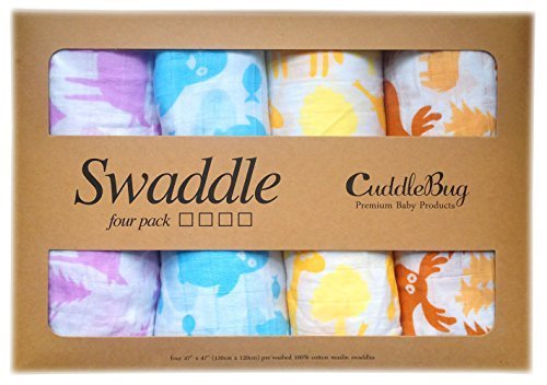 Muslin Baby Swaddle Blankets 4 Pack - CuddleBug 47 inch x 47 inch Large Muslin Swaddles - Best Soft Cotton Muslin Blankets - Best Baby Shower Gift - Perfect for Nursery Sets - Unisex for Boys or Girls - 4 Cute Designs - Lifetime Guarantee! Animal Print!