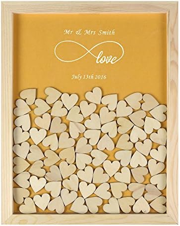 YS2016 Personalised Engraved Infinity Love Rustic Drop Top Wooden Frame Wedding Guest Book With 130 Small Wood Hearts (Pearl Gold)