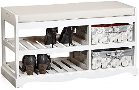 Shoe Rack with Bench and Storage Baskets with Cushions White