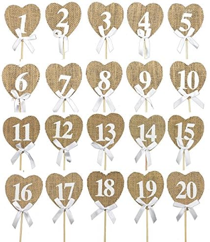 Vintage Wedding Table Numbers 1-20 Rustic Burlap Hearts Shape Table Decoration (Pack of 20)