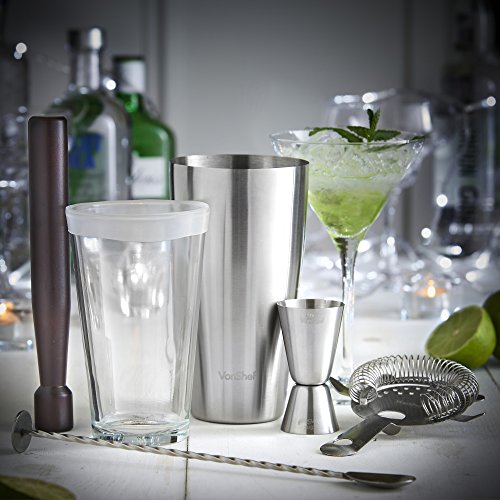 VonShef Premium Boston Cocktail Set mit Rezeptbuch, Edelstahl 550ml Shaker & Glas, gedrehter Barlöffel, Hawthorne-Sieb, 25ml/ 50ml Messbecher & Holz-Stößel – Zwei Jahre KOSTENLOSE Gewährleistung - 2