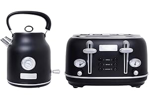 CHARLES BENTLEY Kettle & Toaster Set, Matt Black and Silver, 1.7L 3kW Fast Boil Kettle + 4 Slice 1750W Toaster, 360° Swivel Base, 6 Level Browning, Defrost, Reheat, Auto Shut Off, Removable Crumb Tray