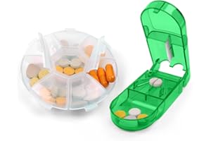 AOOWU Obcinacz do pigułek, 2 szt. separator pigułek z ostrzem + organizer na pigułki z 8 przegródkami, codzienne pudełko na tabletki na małe i duże tabletki