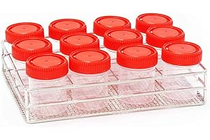 LABBOX KENZIUM - 12 Viales de Muestra con Tapón de Rosca y Gradilla | 80 ml | Frascos de Polipropileno; Rejilla de Acero Inoxidable | con Graduación | Material de Laboratorio | Tapas Color Rojo