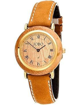 JOBO Damen Armbanduhr mit Holz Quarz Analog vergoldet Lederband braun Damenuhr