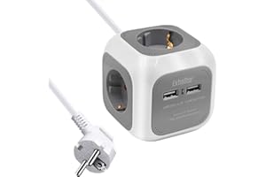 EXTRASTAR Steckdosenwürfel mit 2 USB-Anschlüssen(5V/2.1A), 4-Fach Steckdosenwürfel mit 1.5M Kabel, Mehrfachsteckdose Würfel für Büro, Heim oder Reise, Grau