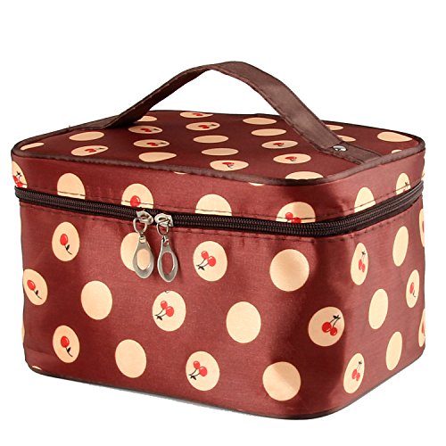 Discoball Lady Women Cosmetic Makeup Toiletry Travel Wash Bag Holder Mirror Case Organizer(Coffee + Cherry)
