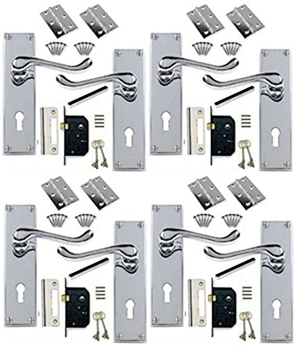 Door Handles Internal Sets - 4 Sets of Victorian Scroll Polished Chrome Door Handle with Door Lock Pack +2 Lever Lock + Hinges (KA) Door Handle Set (4)