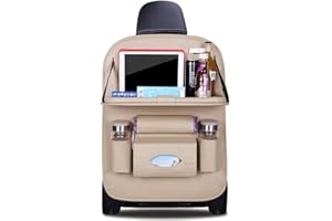 Gabz New Multi-Function Car BackSeat Organizer | Tablet/Laptop Tray Food Drinks Umbrella Accessories Holder Tissue Bottle Toys Storage Pockets (Beige, Pack of 1)