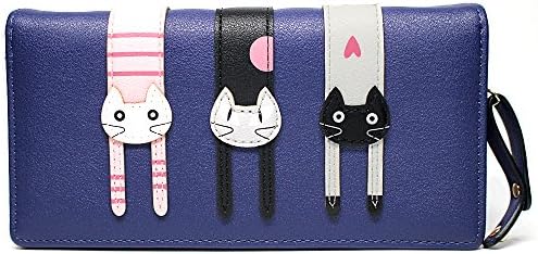 Ladies Long Zipper Purse Cute Cat Multi-card Position Two Fold Leather Wallet (Long Wallet- Navy blue)