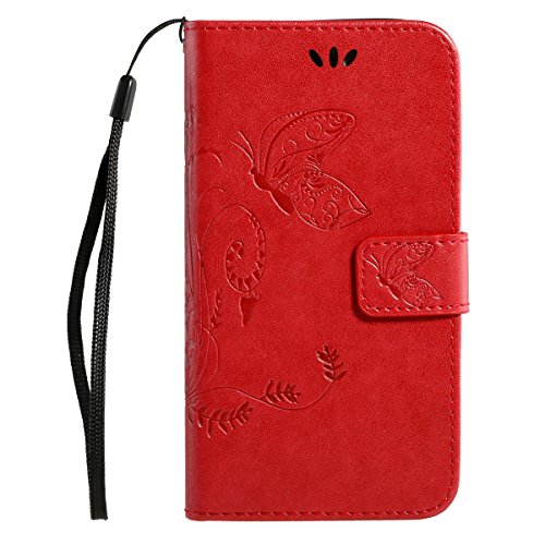 Galaxy S7 Edge Hülle,Samsung Galaxy S7 Edge PU Leder Wallet Brieftasche Schutzhülle,Ukayfe [Schmetterling Blumen Muster] [Rot] PU Leder Flip Case im Bookstyle Folio Wallet Cover Ledertasche Schutzhülle Case Tasche mit Standfunktion und Karte Halter Lederhülle für Samsung Galaxy S7 Edge (Red Butterfly) - 2