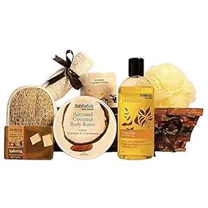BodyHerbals Tropical Coconut and Warm Vanilla Spa Hamper - Luxurious Bath & Body Gift Set (Vanilla Shower Gel 200ml, Almond Coconut Body Butter 200gms, Honey And Almond Bathing Bar 100gms, Natural Vetiver, Vanilla Scented Candle, Face Terry Towel, Bath Puff)