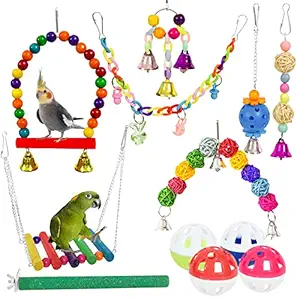 ICOSHOW 12 Packs Bird Toys Parrot Swing Toys - Chewing Hanging Bell Pet Birds Cage Toys Suitable for Small Parakeets, Conures, Love Birds, Cockatiels, Macaws, Finches