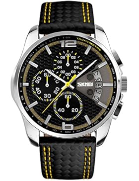 Yisuya Herren Militär Uhr, Stoppuhr mit Datumsanzeige, Lederband, wasserdicht, Quarz, schwarz + gelb