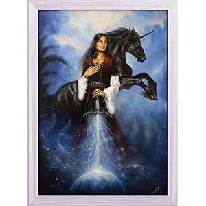 ArtzFolio Beautiful Woman with The Unicorn in Space Canvas Painting White Wood Frame 12 X 16.3Inch