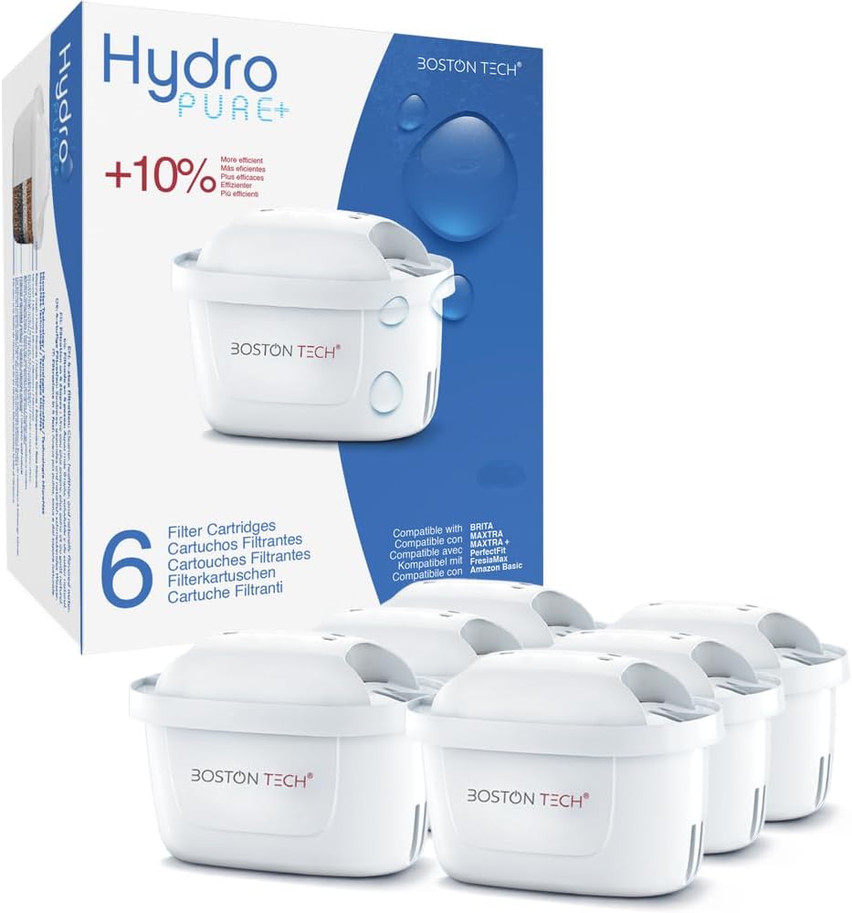 Filtros de agua Hydro Pure+ filtrantes compatibles con jarras Brita Maxtra/Maxtra+/PerfectFit/Amazon Basics que reducen la cal y el cloro NO REQUIERE ADAPTADOR (Paquete de 6)