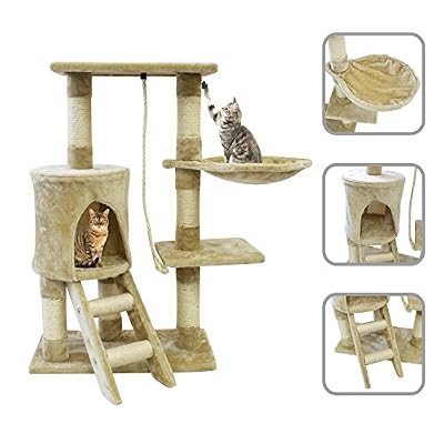 Todeco Lolipet - Arbre à chat beige avec griffoir de 90cm en fourrure synthétique avec accessoires (Hamac, corde et maison)