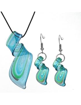 Skyllc® Set Glas Schmuck Ohrhänger Kette Halskette Blau TREND