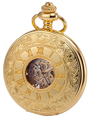 KS Reloj de Bolsillo con Cadena Hombres Vintage Steampunk Esqueleto Mecánico con Caja de Regalo Dorado KSP031