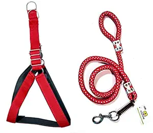 Tame Love Leash and Padded Harness Chest Belt for Adult Dogs of All Breeds (Red Color - 1.5 inches)