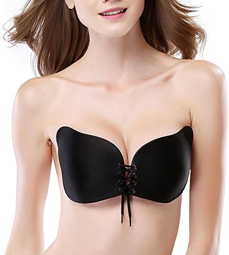 Kany Womens Reusable Invisible Magic Strapless Self Adhesive Push-up Bra Stick On Gel Backless Silicone Bras -Black