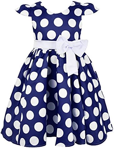 OKIDSO Polka Dots Skirt Cap Sleeves Princess Dress Flower Girl Dresses with Bowknots for Party, Wedding,Sundress Age 4-9 Years old (5-6 years old, Blue)