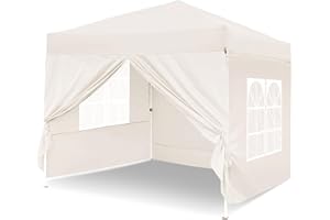 Pavillon,Zarfmiya Faltpavillon mit 4 Seitenwänden 2.5 x 2.5 m, wasserdicht, Gartenpavillon mit 4 Sandsäcken, 8 Heringen, 4 Seilen und Tragetasche für Partys, Camping, Bauernmärkte – Beige